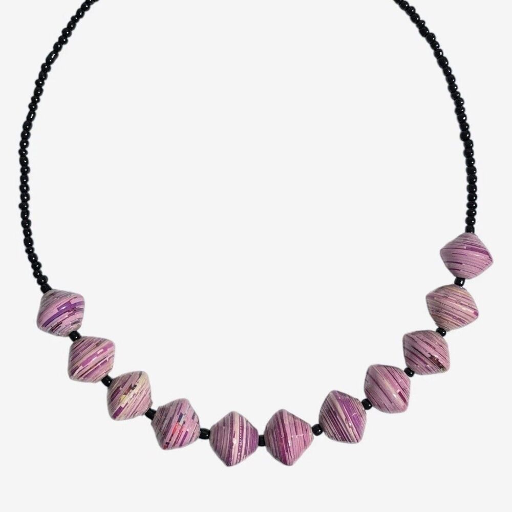 Bead For Life Necklace Paper Glass Beaded Purple Black Handmade Artisan Uganda